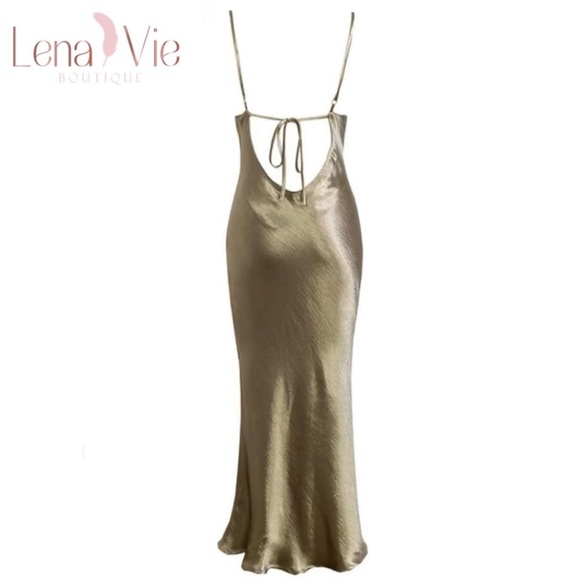 Lena Vie Champagne Addie May Slip Dress Hammered Soft Satin Long Gold Maxi Gown - Picture 8 of 12